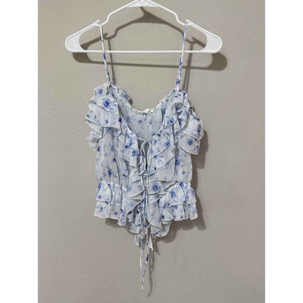 Elodie Ruffle Cami Top Women Medium Blue White Floral Tie Front Chiffon Blouse